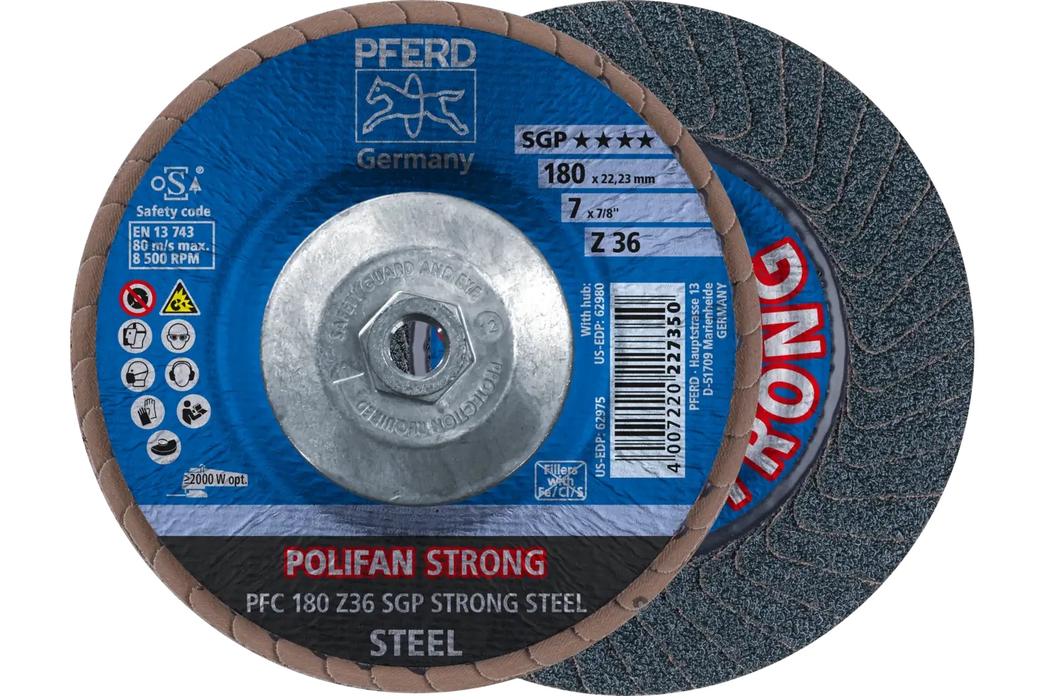 Picture of Pferd Flap Disc, 7" x 5/8-11, Z SGP Strong Steel, 36 Grit, T29, Conical, Zirconia